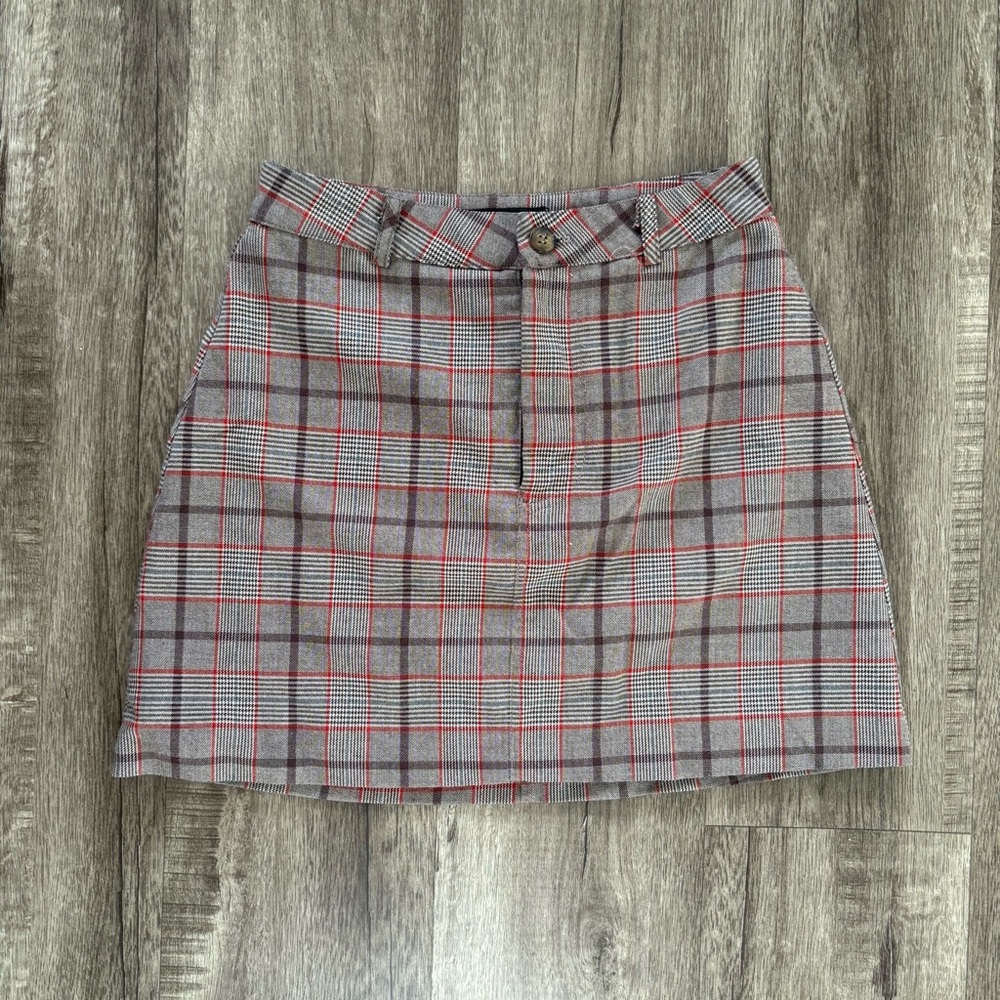Reformation Gray and Red Plaid Mini Skirt Size 4